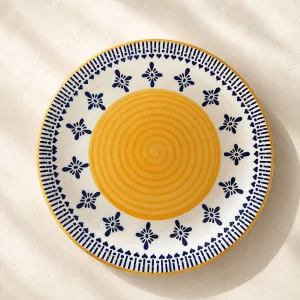 The Plush Republic Hand-Painted Yellow Spiral Ceramic Dinner Plate with Blue Floral Border