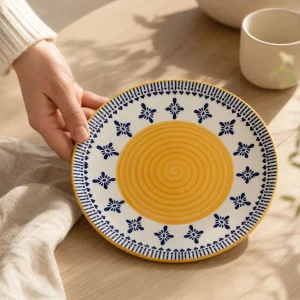 The Plush Republic Hand-Painted Yellow Spiral Ceramic Dinner Plate with Blue Floral Border