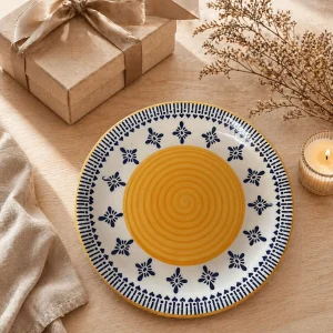 The Plush Republic Hand-Painted Yellow Spiral Ceramic Dinner Plate with Blue Floral Border