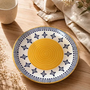 The Plush Republic Hand-Painted Yellow Spiral Ceramic Dinner Plate with Blue Floral Border