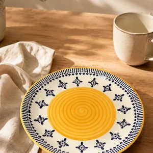 Hand-Painted Yellow Spiral Ceramic Dinner Plate with Blue Floral Border