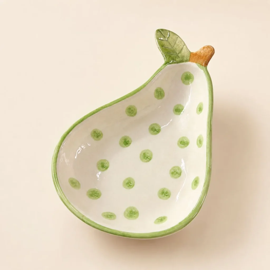 The Plush Republic Handcrafted Green Polka Dot Pear Bowl with Leaf Handle