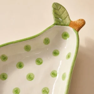 The Plush Republic Handcrafted Green Polka Dot Pear Bowl with Leaf Handle