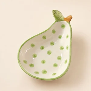 The Plush Republic Handcrafted Green Polka Dot Pear Bowl with Leaf Handle