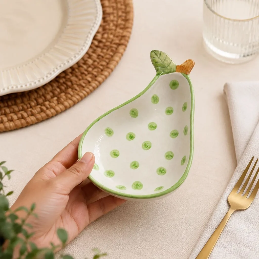 Handcrafted Green Polka Dot Pear Bowl with Leaf Handle additional product view