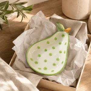 The Plush Republic Handcrafted Green Polka Dot Pear Bowl with Leaf Handle