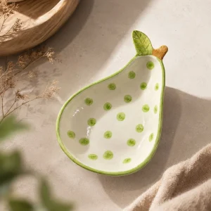 The Plush Republic Handcrafted Green Polka Dot Pear Bowl with Leaf Handle