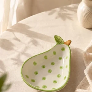 The Plush Republic Handcrafted Green Polka Dot Pear Bowl with Leaf Handle