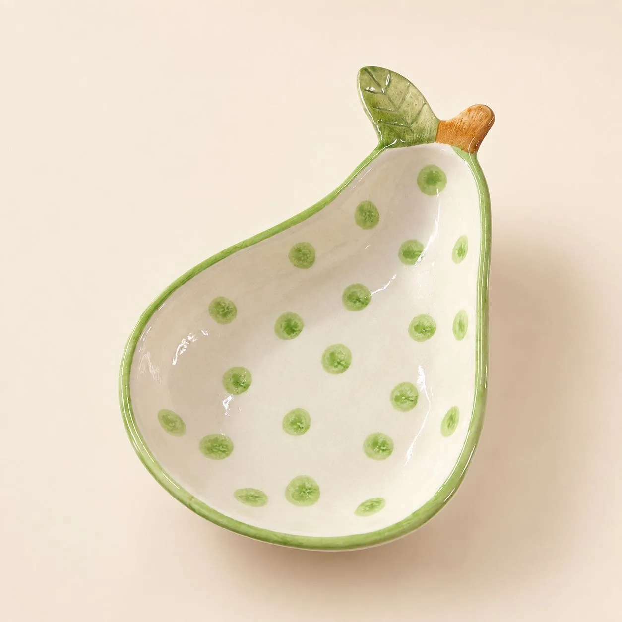 The Plush Republic Handcrafted Green Polka Dot Pear Bowl with Leaf Handle