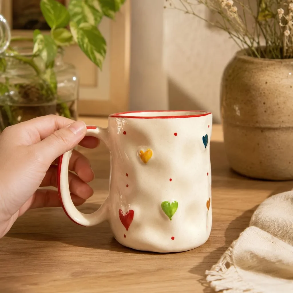 Handcrafted Multicolor Heart Cup with Red Rim styled in a home setting