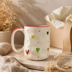 The Plush Republic Handcrafted Multicolor Heart Cup with Red Rim