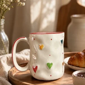 The Plush Republic Handcrafted Multicolor Heart Cup with Red Rim
