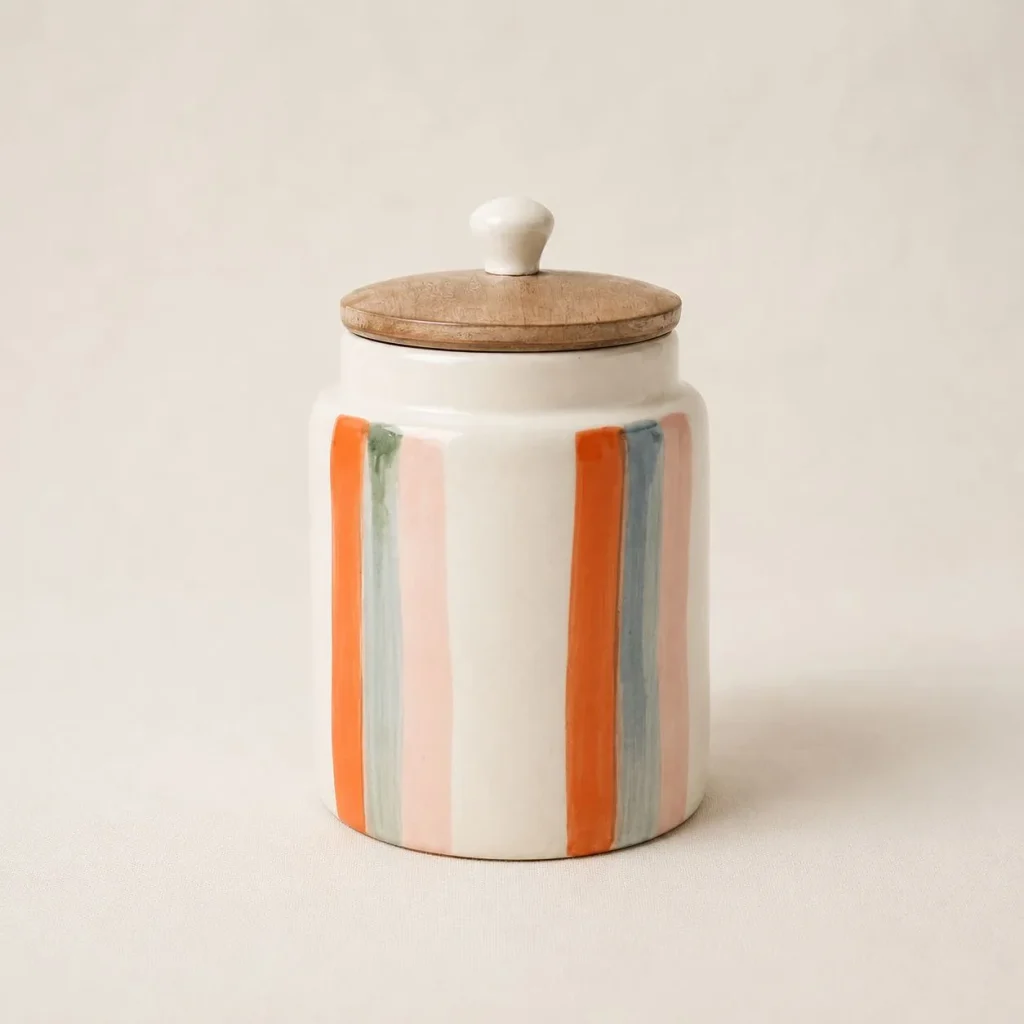 The Plush Republic Handcrafted Orange & Grey Stripe Ceramic Canister with Wooden Lid