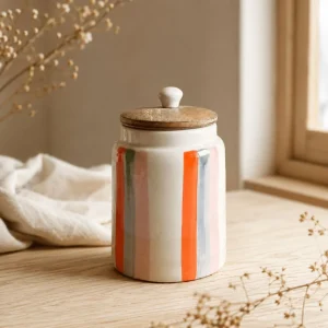 The Plush Republic Handcrafted Orange & Grey Stripe Ceramic Canister with Wooden Lid
