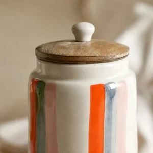 The Plush Republic Handcrafted Orange & Grey Stripe Ceramic Canister with Wooden Lid