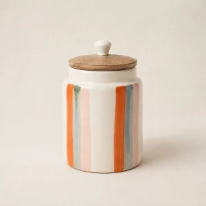 The Plush Republic Handcrafted Orange & Grey Stripe Ceramic Canister with Wooden Lid