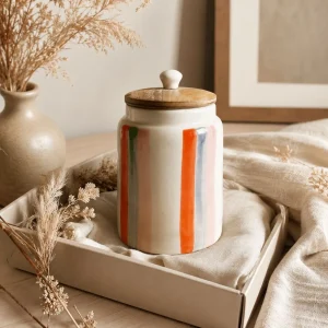 The Plush Republic Handcrafted Orange & Grey Stripe Ceramic Canister with Wooden Lid