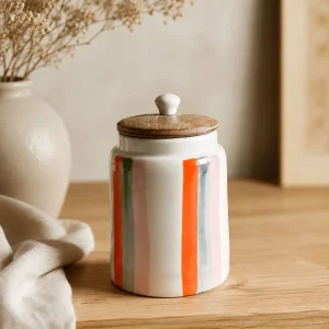 The Plush Republic Handcrafted Orange & Grey Stripe Ceramic Canister with Wooden Lid