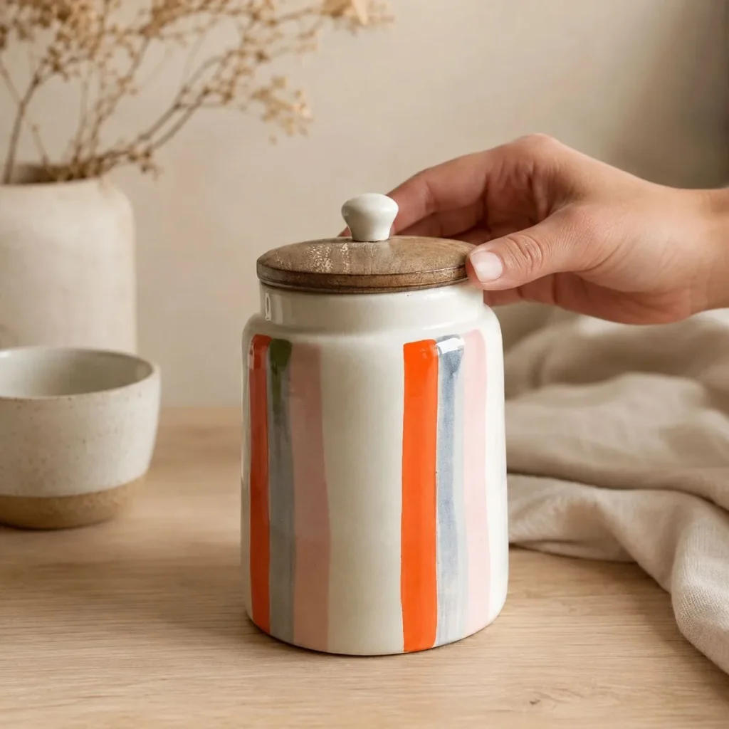 Handcrafted Orange & Grey Stripe Ceramic Canister with Wooden Lid additional product view