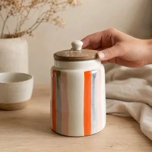 The Plush Republic Handcrafted Orange & Grey Stripe Ceramic Canister with Wooden Lid