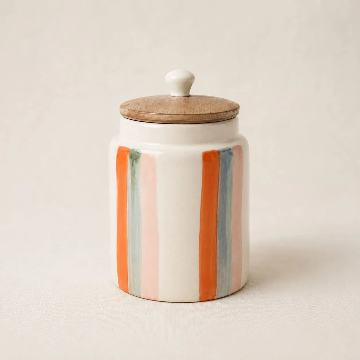 The Plush Republic Handcrafted Orange & Grey Stripe Ceramic Canister with Wooden Lid