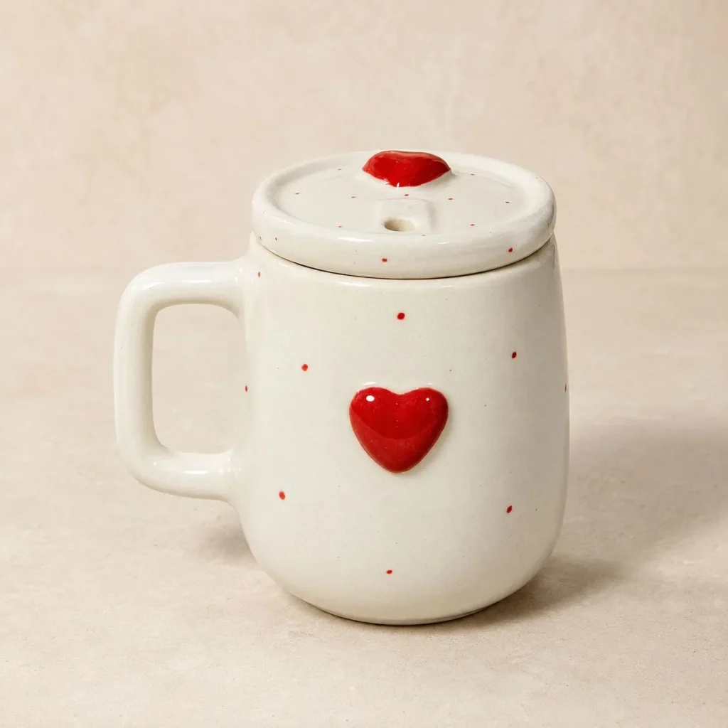 The Plush Republic Handcrafted Red Heart Lidded Ceramic Mug