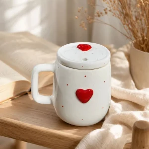 The Plush Republic Handcrafted Red Heart Lidded Ceramic Mug