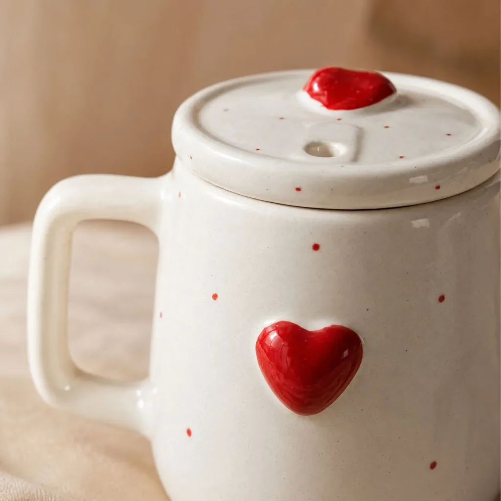 Handcrafted Red Heart Lidded Ceramic Mug (125ml) styled in a home setting