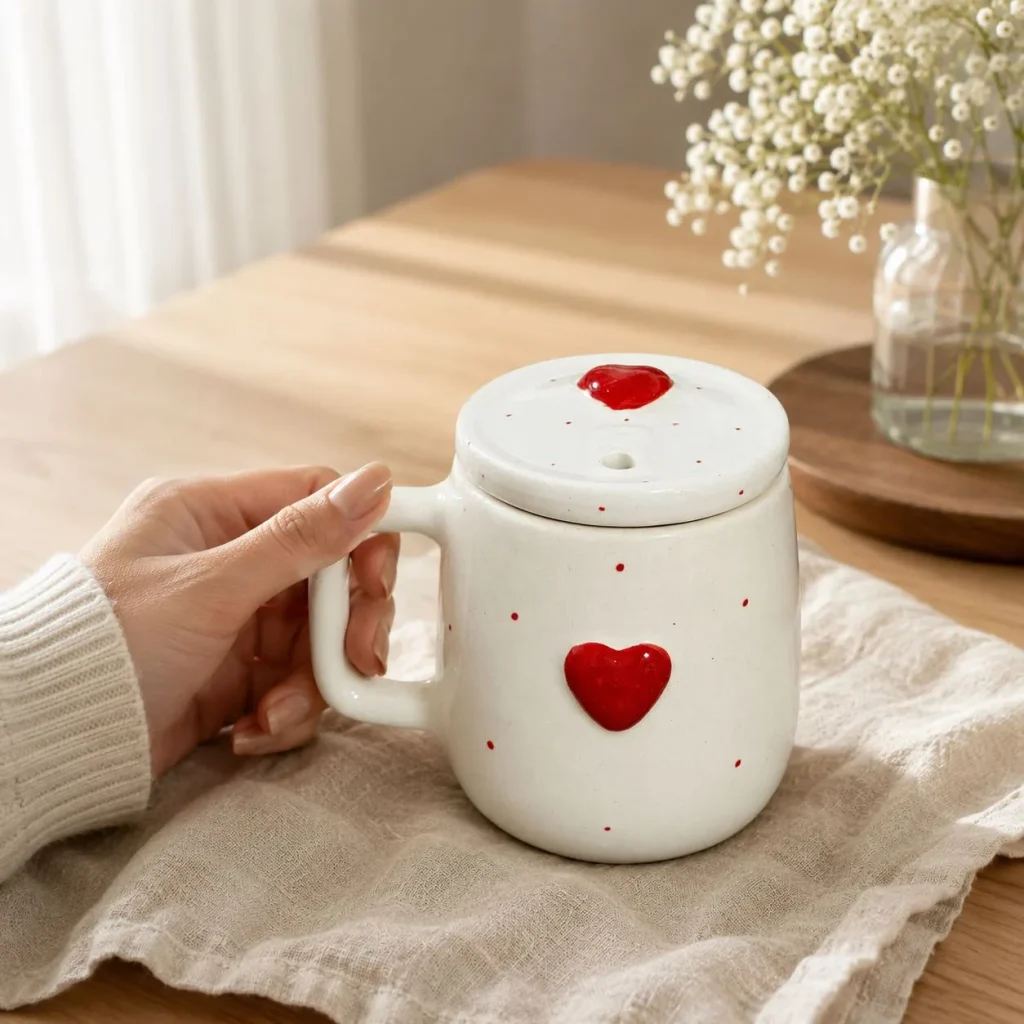Handcrafted Red Heart Lidded Ceramic Mug (125ml) additional product view