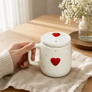 The Plush Republic Handcrafted Red Heart Lidded Ceramic Mug