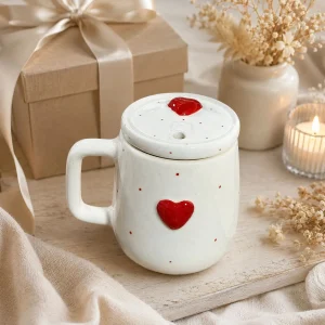 The Plush Republic Handcrafted Red Heart Lidded Ceramic Mug