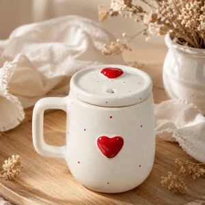 The Plush Republic Handcrafted Red Heart Lidded Ceramic Mug