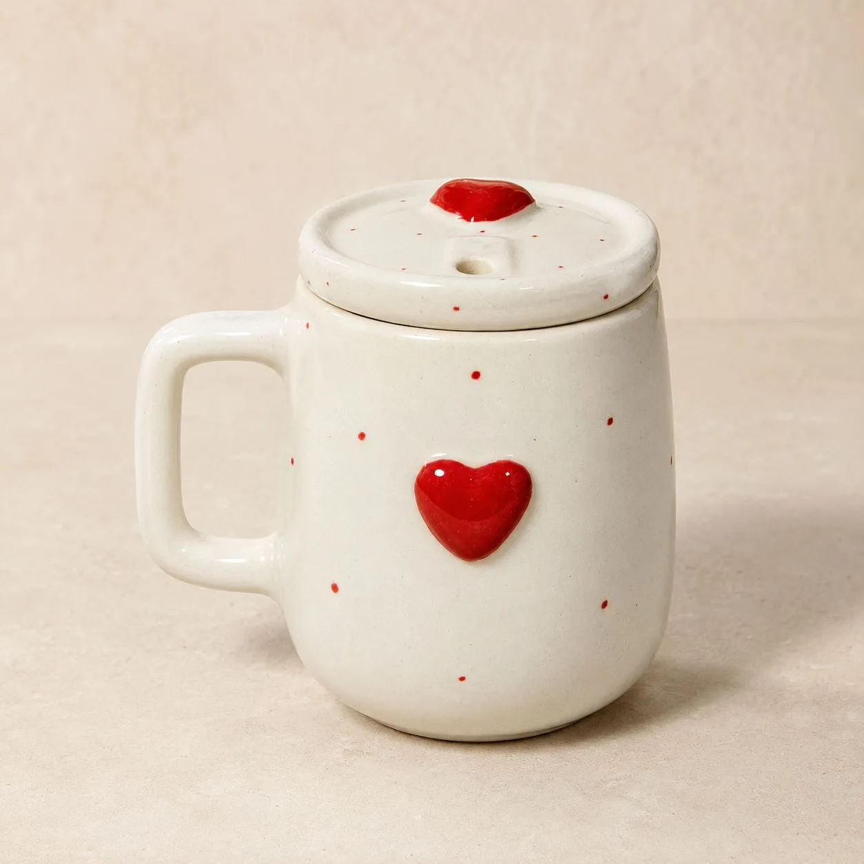 The Plush Republic Handcrafted Red Heart Lidded Ceramic Mug