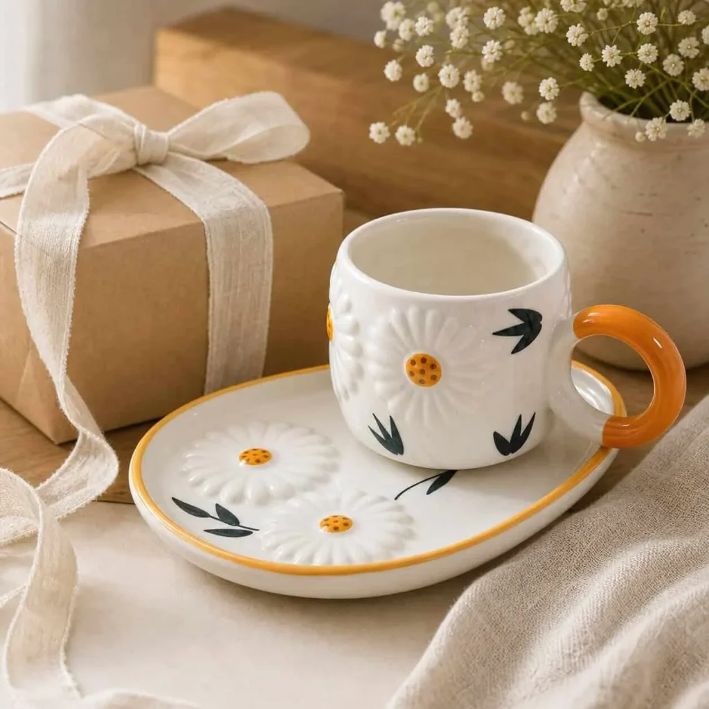 Handcrafted White Daisy Ceramic Cup & Tray Set with Orange Handle additional product view
