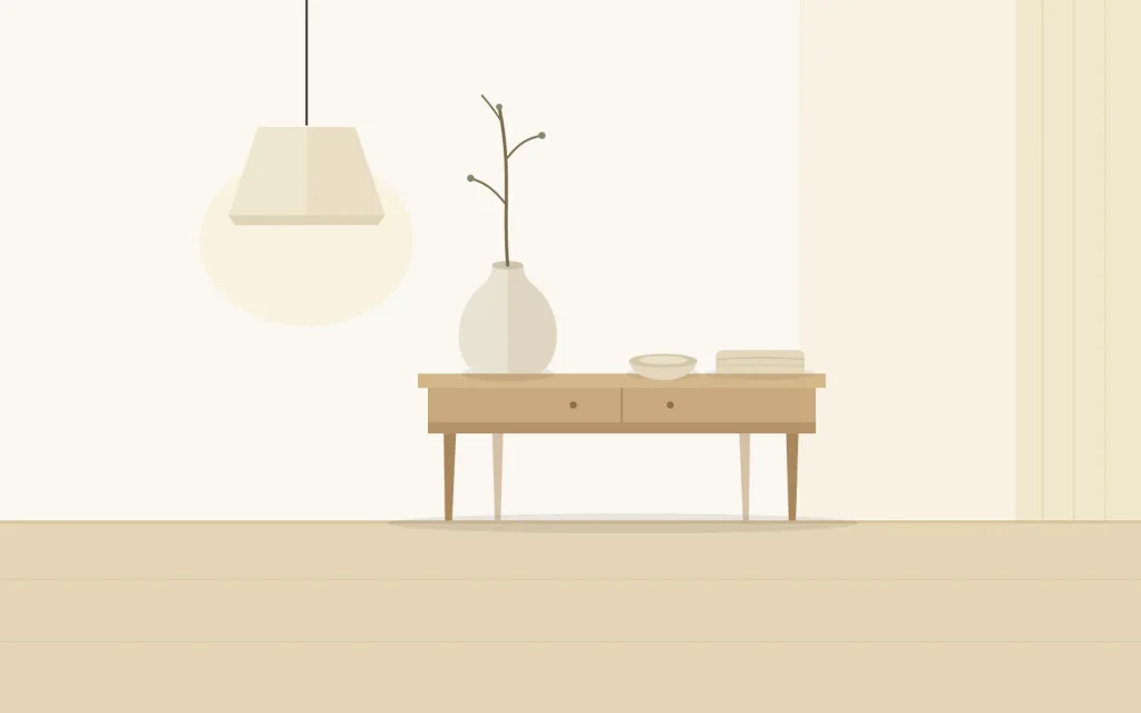 A Japandi-styled corner in an Indian apartment: a low wooden console with a tall ceramic vase, a bare branch, a small bowl and a folded linen runner.