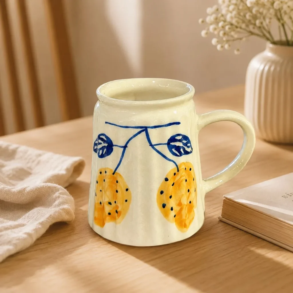 Lemon Vine Handpainted Ceramic Mug (Blue Leaves & Yellow Citrus) styled in a home setting