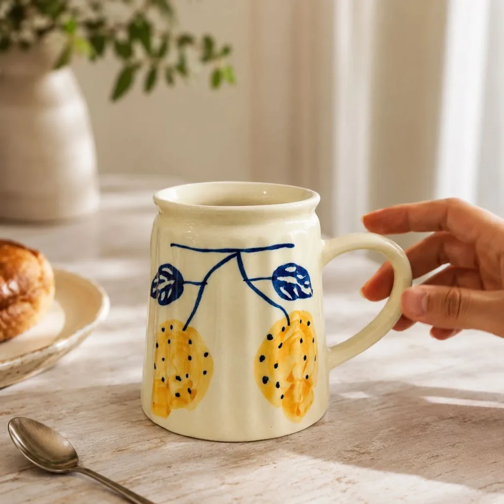 Lemon Vine Handpainted Ceramic Mug (Blue Leaves & Yellow Citrus) additional product view