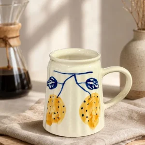 Lemon Vine Handpainted Ceramic Mug (Blue Leaves & Yellow Citrus)