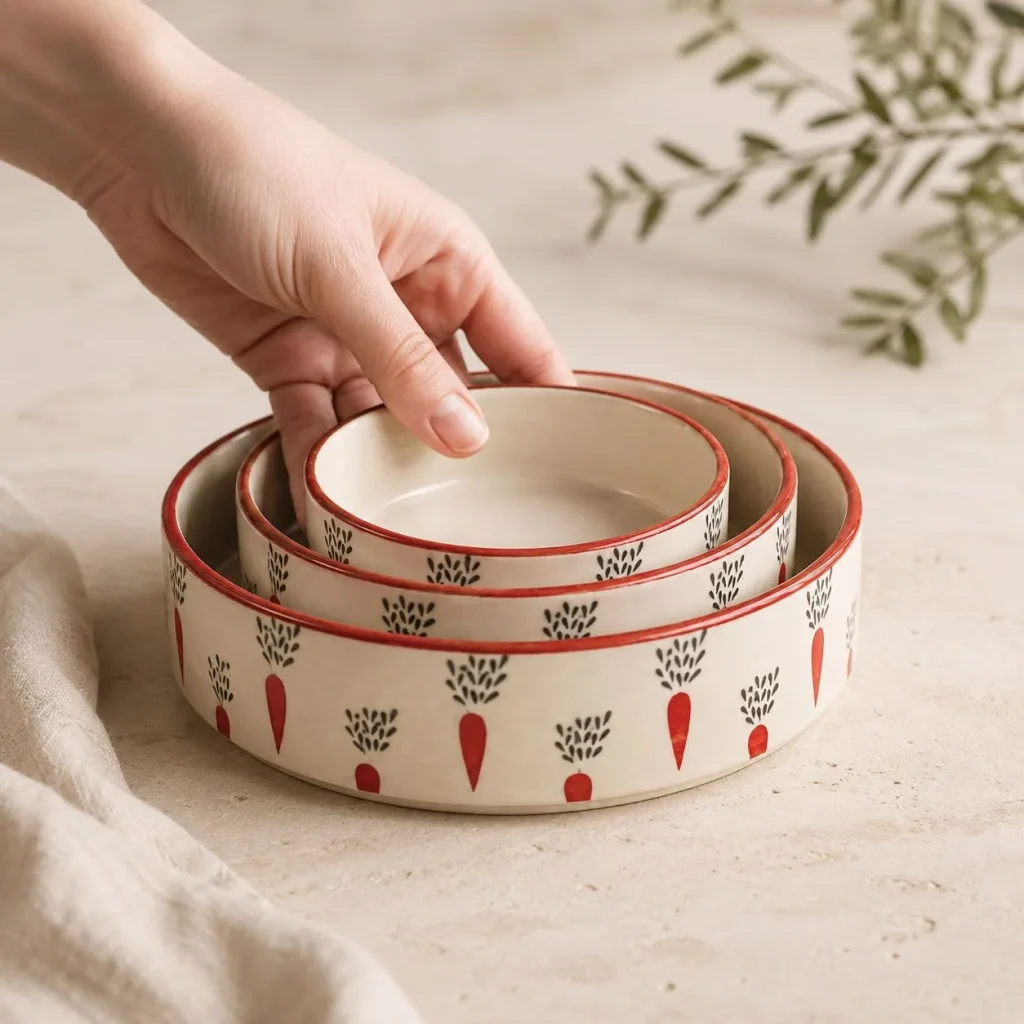 Luxury Hand-Painted Round Bowl Set (Carrot Print) styled in a home setting