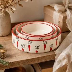 The Plush Republic Luxury Hand-Painted Round Bowl Set (Carrot Print)