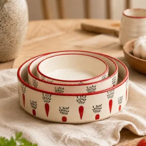 Luxury Hand-Painted Round Bowl Set (Carrot Print) – Red Rim, Set of 10