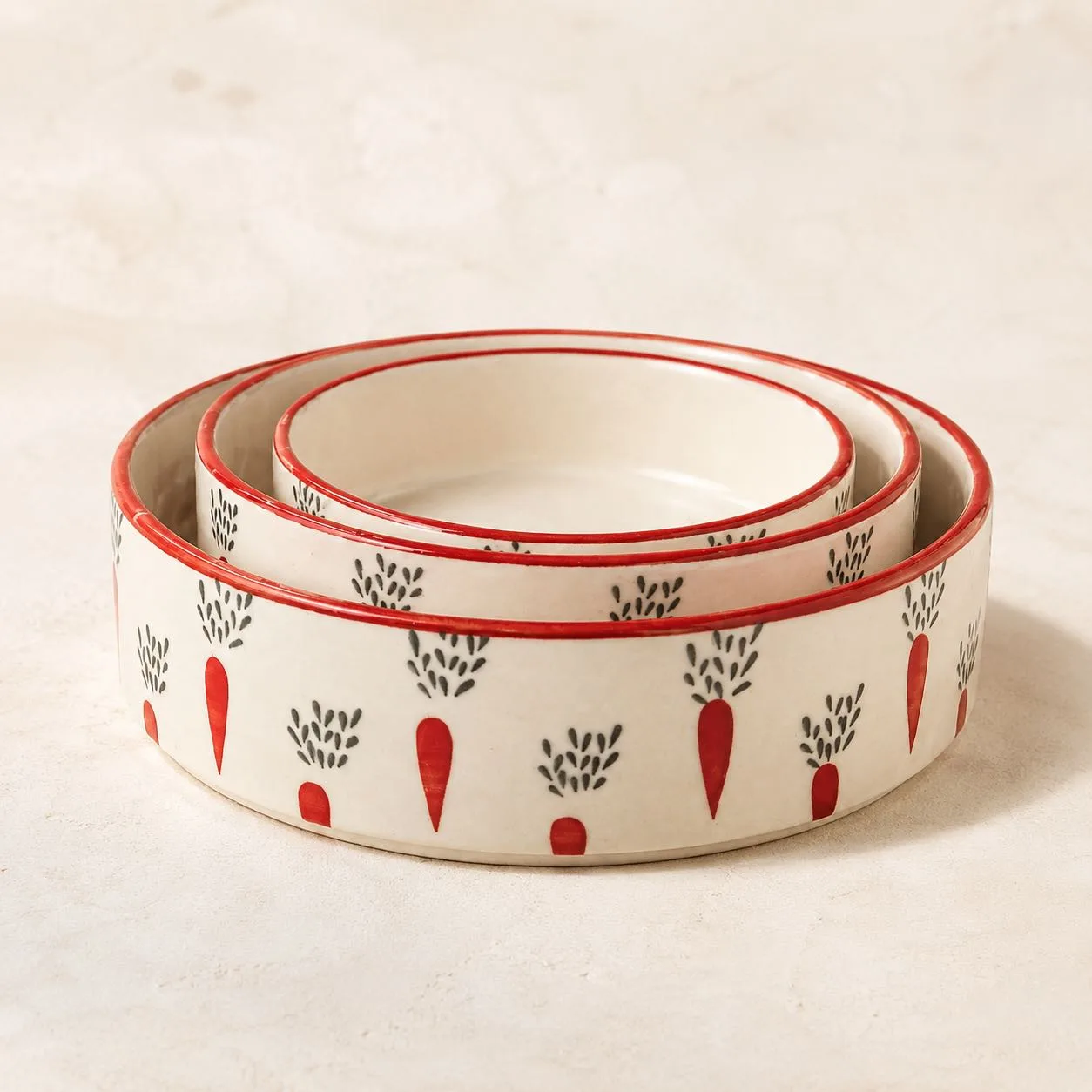 The Plush Republic Luxury Hand-Painted Round Bowl Set (Carrot Print)