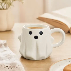 The Plush Republic Off-White Ghost Face Ceramic Mug with Black Eyes