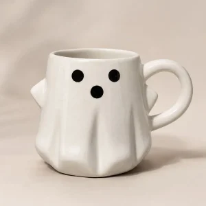 The Plush Republic Off-White Ghost Face Ceramic Mug with Black Eyes