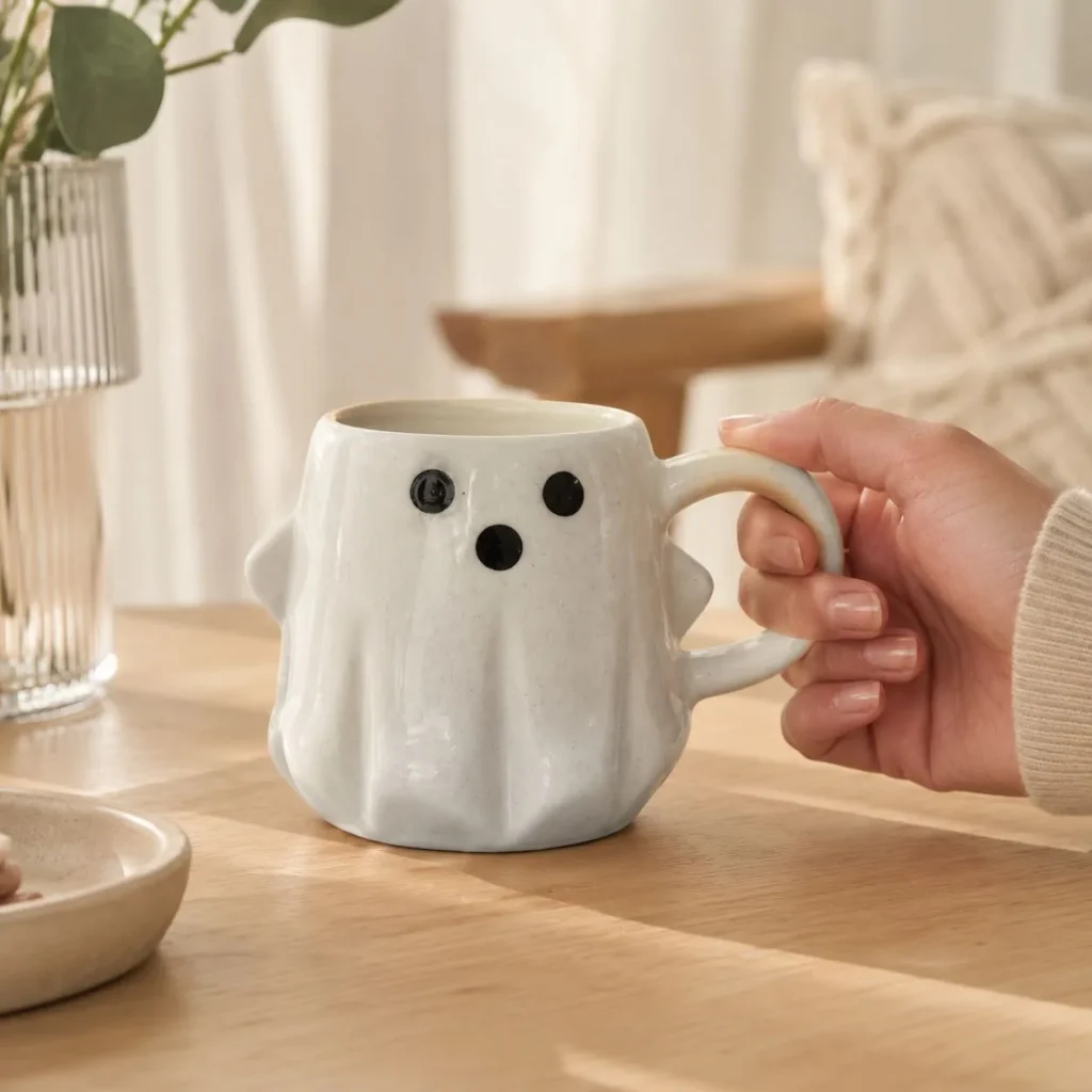 Off-White Ghost Face Ceramic Mug with Black Eyes additional product view