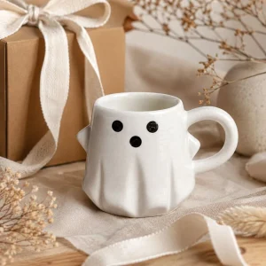 The Plush Republic Off-White Ghost Face Ceramic Mug with Black Eyes