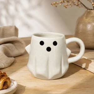 The Plush Republic Off-White Ghost Face Ceramic Mug with Black Eyes