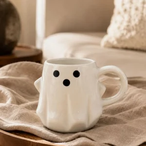 The Plush Republic Off-White Ghost Face Ceramic Mug with Black Eyes