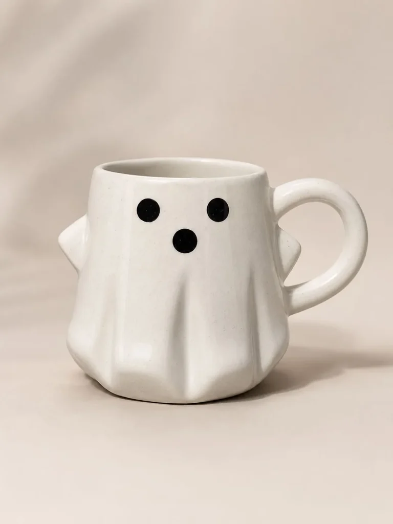 The Plush Republic Off-White Ghost Face Ceramic Mug with Black Eyes