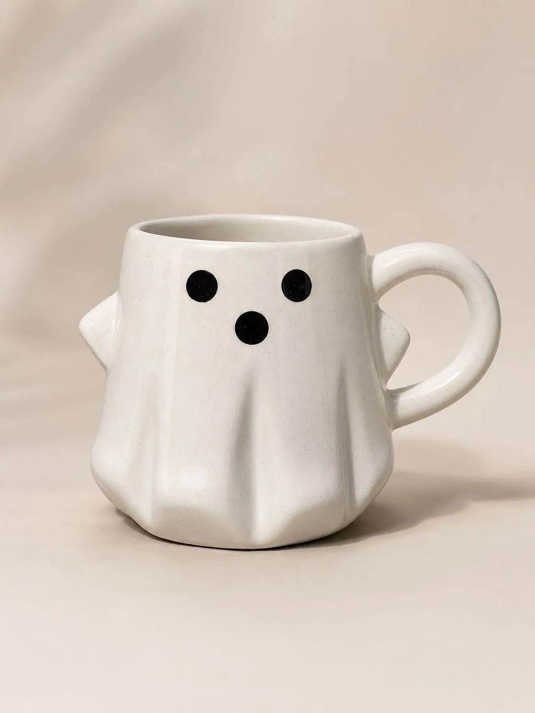 The Plush Republic Off-White Ghost Face Ceramic Mug with Black Eyes